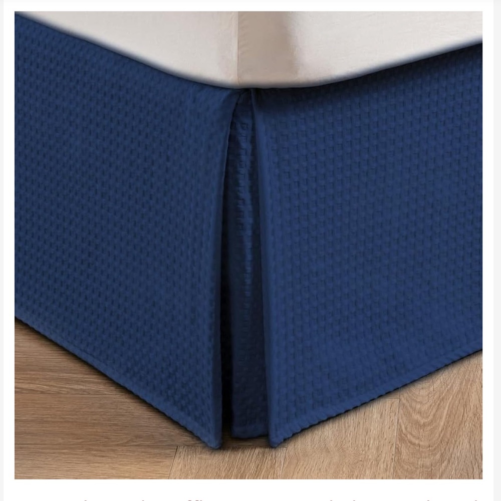 Navy Blue Waffle Knit Bed Skirt 14” Drop Center & Corner Pleats QUEEN